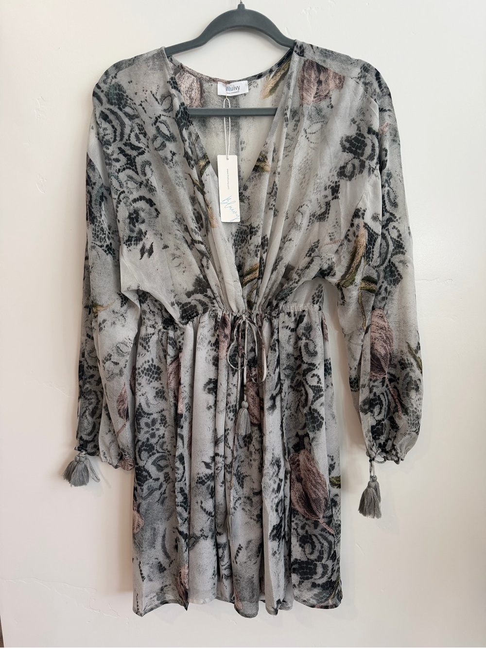 119. Bluivy Sheer Floral Print Drawstring Waist Dress in Gray with Taupe Accents